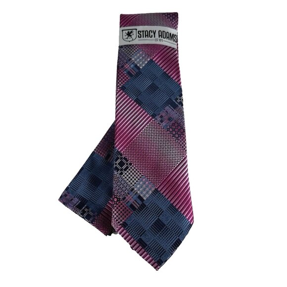 Stacy Adams Men's Tie Hanky Set Fushia Cobalt Blue Plaids Checks Microfiber New - Picture 3 of 5